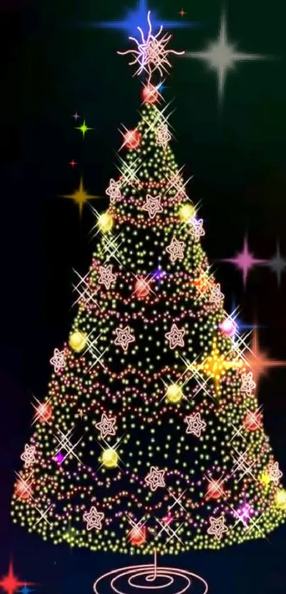 LED-lit Christmas tree with colorful decorations.