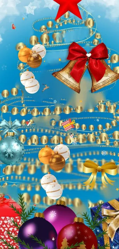 Festive Christmas tree with ornaments on a blue background.