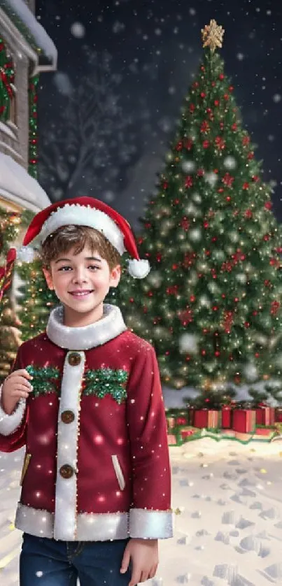 Child in Santa outfit by festive Christmas tree with snow falling.