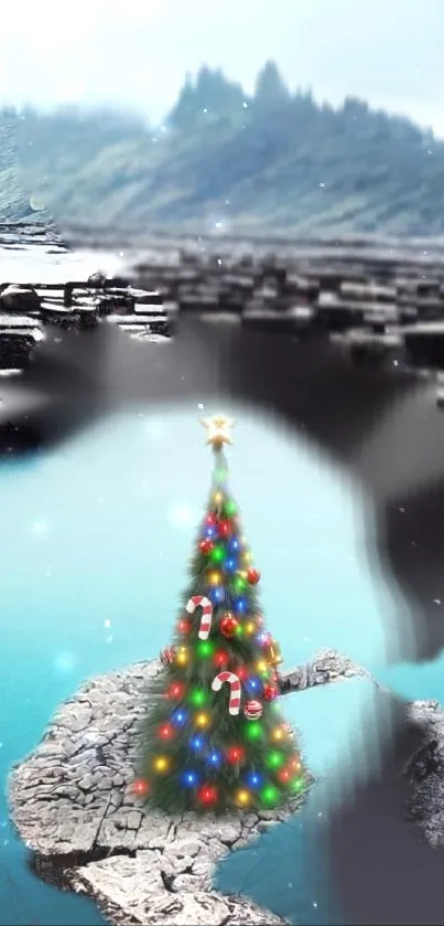 Vivid Christmas tree on rocky landscape by cyan waters.