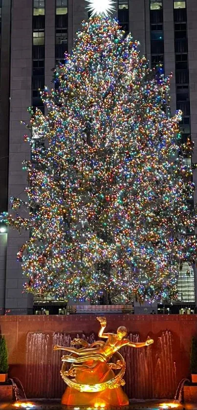 Illuminated Christmas tree in city center with dazzling lights at night.