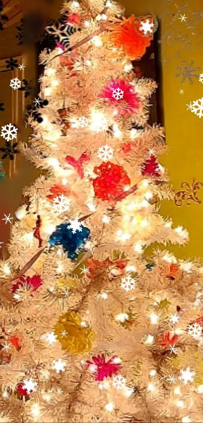 Festive Christmas tree with lights and ornaments glowing brightly.