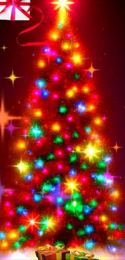 Colorful Christmas tree with bright multicolored lights and gifts.