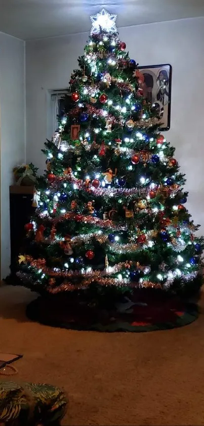 Illuminated Christmas tree with colorful lights and decorations.