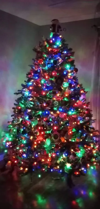 A beautifully decorated Christmas tree with colorful lights in a dimly lit room.