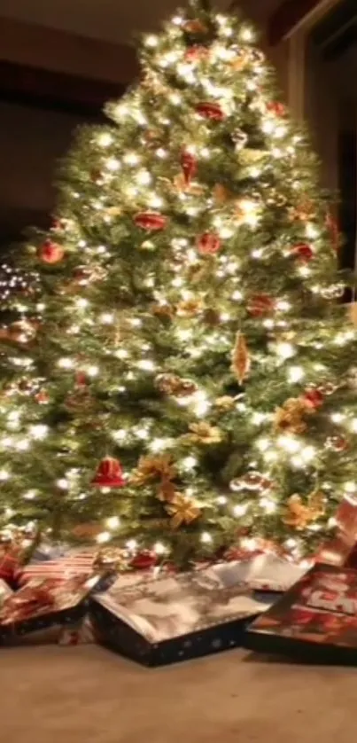 A beautifully lit Christmas tree with gifts underneath.