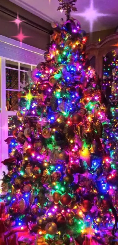 Colorful Christmas tree with bright lights.