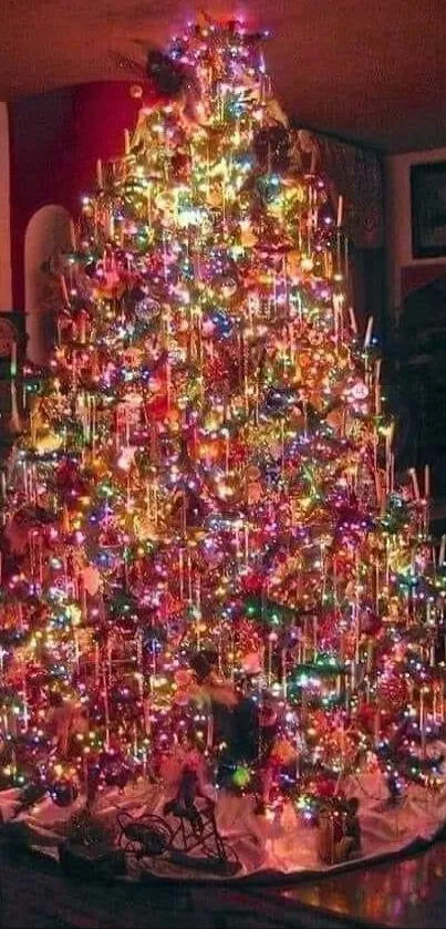 A colorful Christmas tree adorned with vibrant lights, creating a festive ambiance.