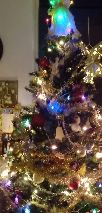 A beautifully decorated Christmas tree with colorful lights and ornaments.