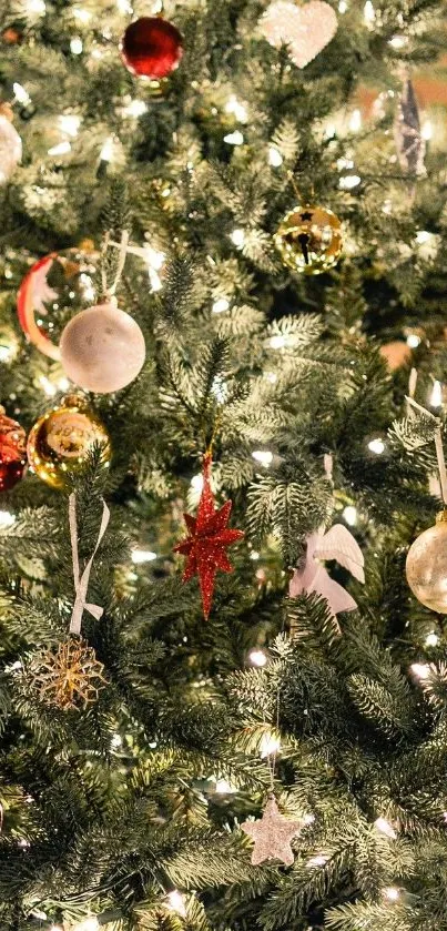 Festive Christmas tree with glowing lights and colorful ornaments.