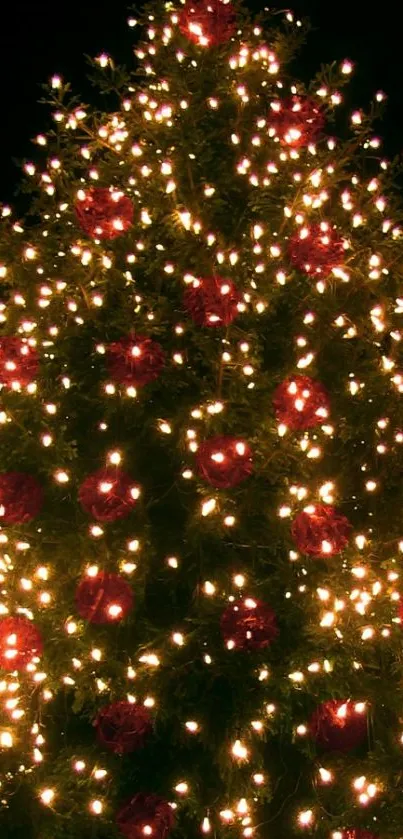 Festive Christmas tree with glowing lights and ornaments.