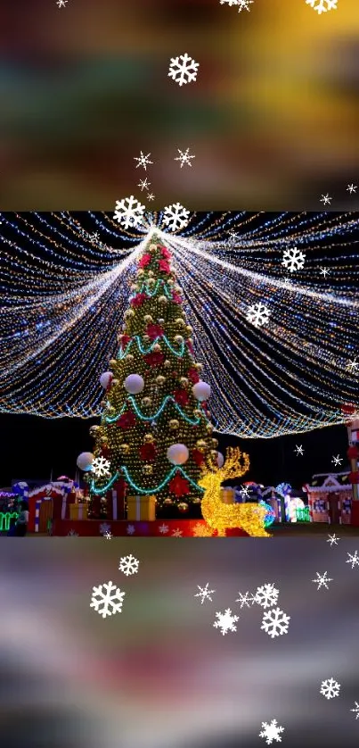 Illuminated Christmas tree with lights and festive holiday decorations.