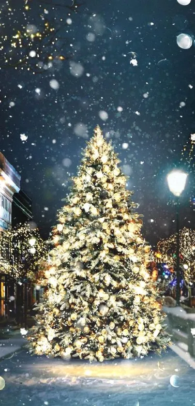 Beautifully lit Christmas tree against a snowy night background in a festive city scene.