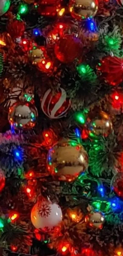 Christmas tree with colorful lights and ornaments.