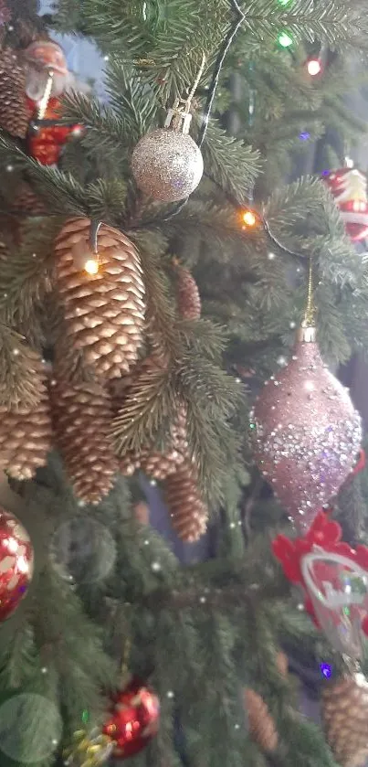 Christmas tree with festive ornaments and twinkling lights.