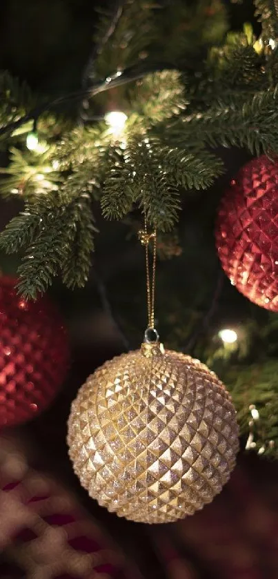 Christmas ornaments on a tree with green branches and bright lights.