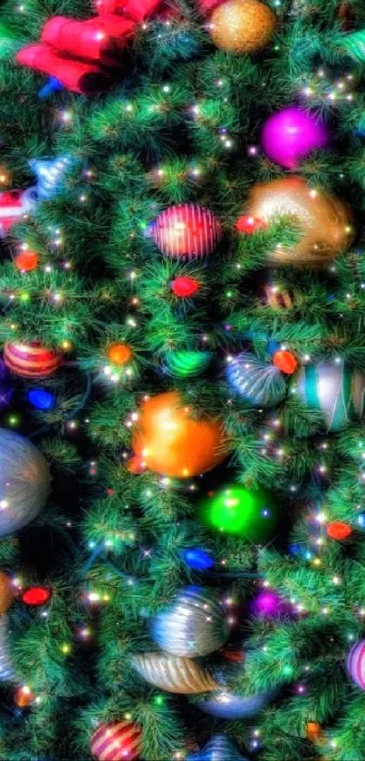 Colorful Christmas tree with ornaments and lights.