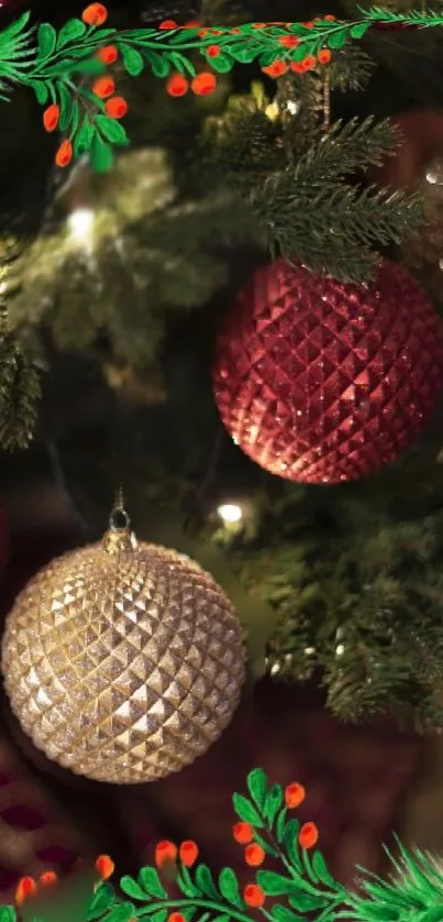 Christmas tree with red and gold ornaments and holly branches.