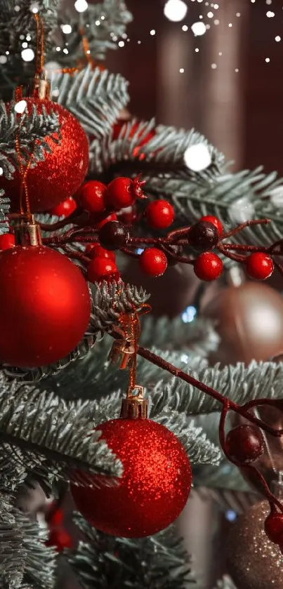 Christmas tree with red ornaments and festive decor.