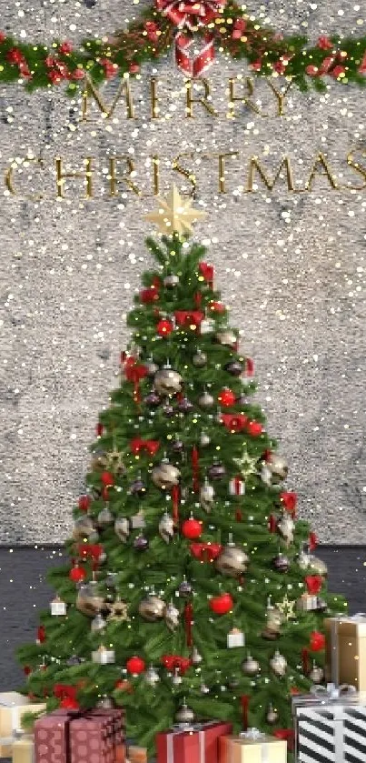 Christmas tree with gifts and festive decor on textured background.