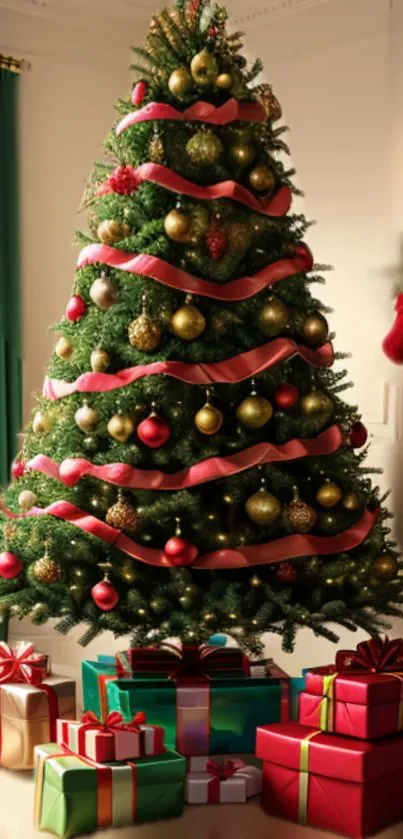 Decorated Christmas tree with gifts and ribbons in cozy room.