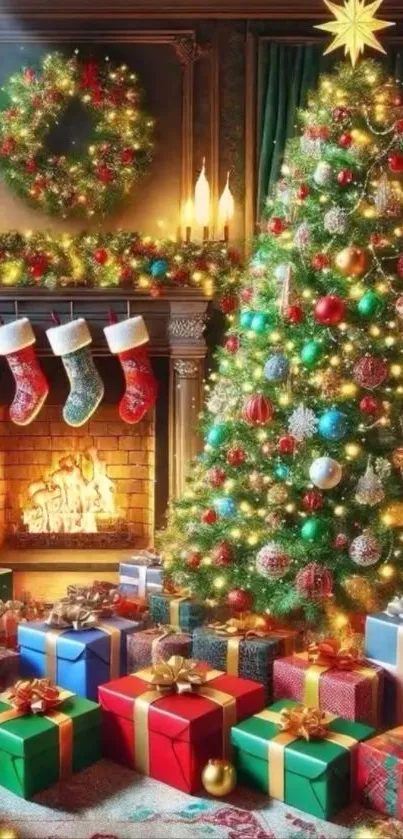 Decorated Christmas tree with gifts by a fireplace adorned with stockings.