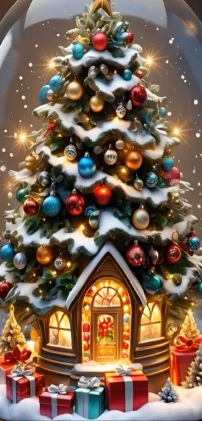 Festive Christmas tree inside a snow globe surrounded by gifts.
