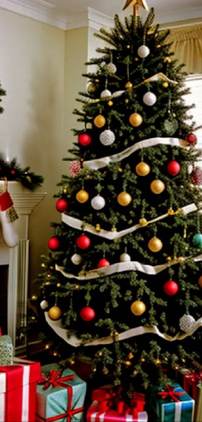 Festive Christmas tree with gifts and decorations in a cozy room.