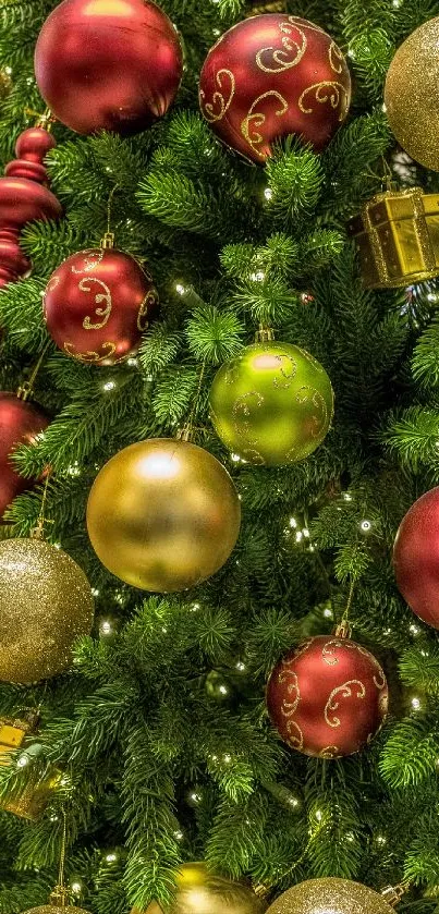 Christmas tree with colorful ornaments and glowing lights.