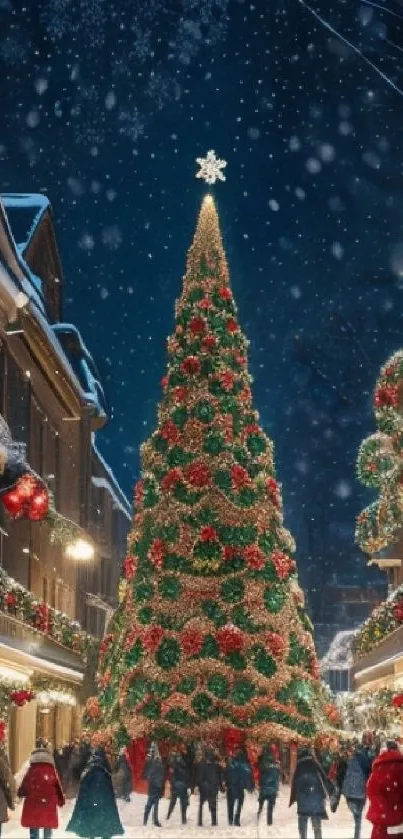 Illuminated Christmas tree on festive street with falling snow.