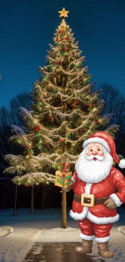 Santa stands joyfully beside a lit Christmas tree under a starry winter sky.