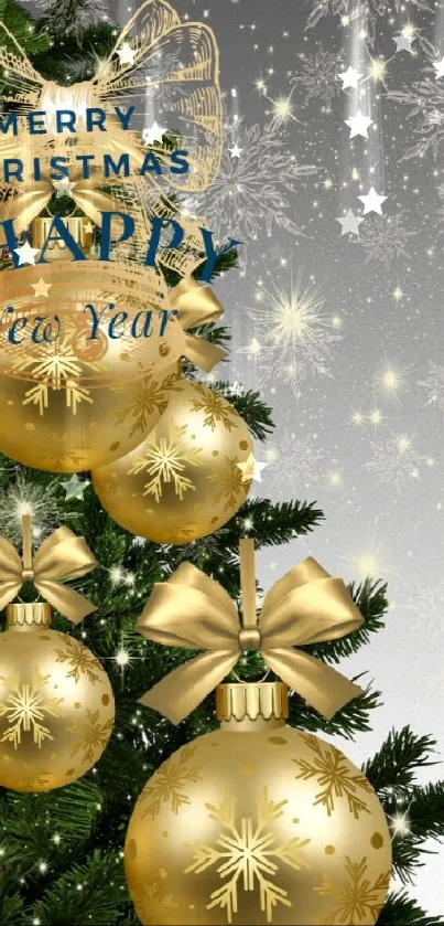 Festive Christmas tree with gold ornaments and snowflakes on a mobile wallpaper.