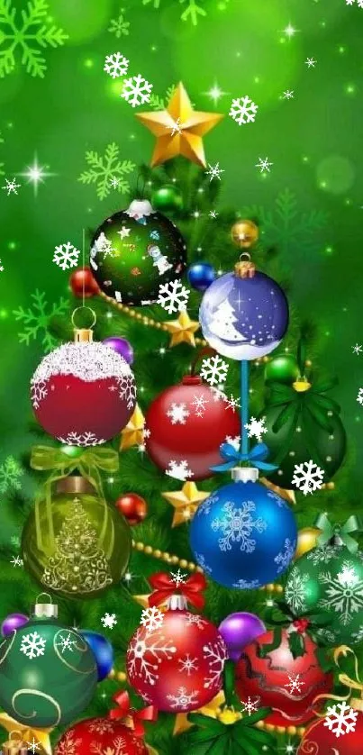 Festive Christmas tree with colorful ornaments on a green background.