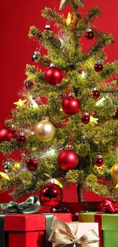 Festive Christmas tree with red and gold ornaments and gifts underneath.