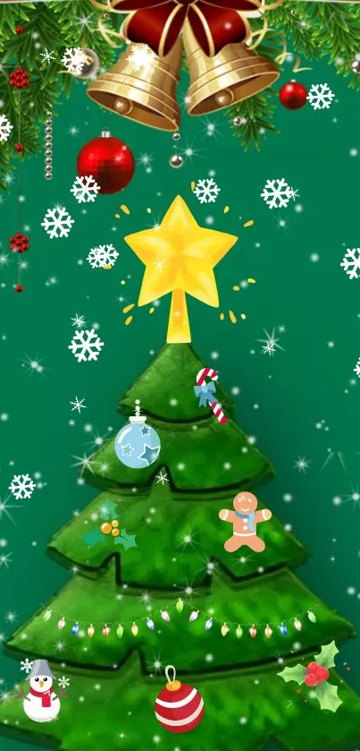 Festive Christmas tree with ornaments and gifts on a green background.