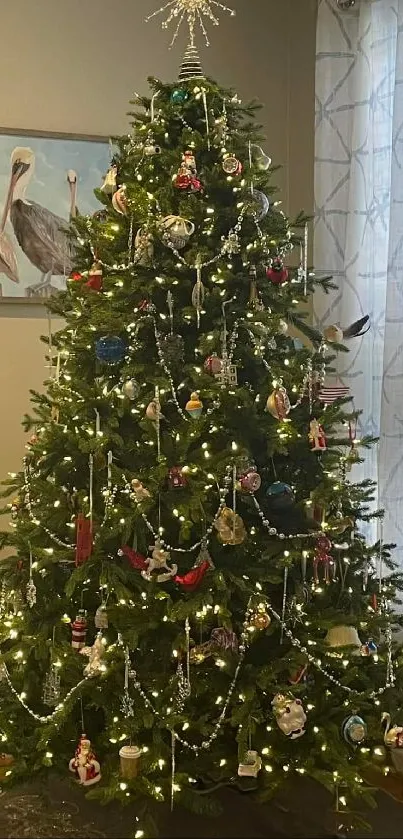 Decorated Christmas tree with lights and ornaments.