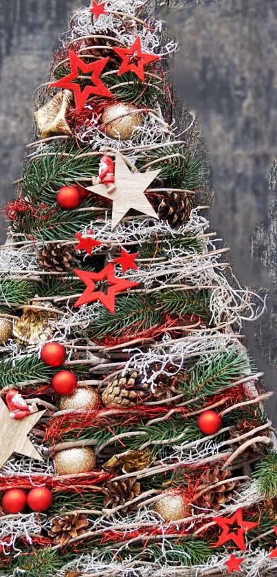 Festive Christmas tree with natural and red decorations.