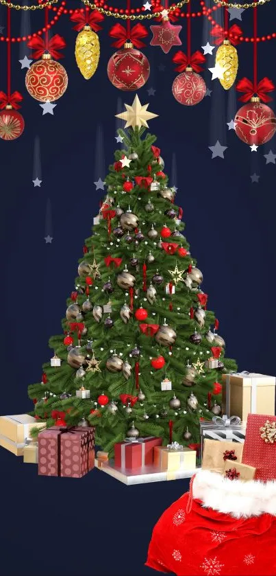 Festive Christmas tree with gifts and ornaments on dark blue background.