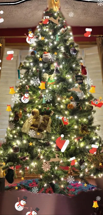 A Christmas tree with lights and festive decorations.