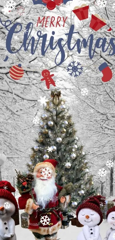 Christmas wallpaper with tree, Santa, and snowmen in snowy forest.