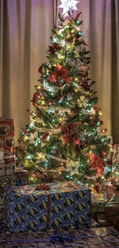 Beautifully decorated Christmas tree with vibrant lights and festive gifts.