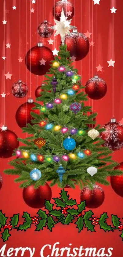 Festive Christmas tree with red ornaments and lights on a holiday wallpaper background.