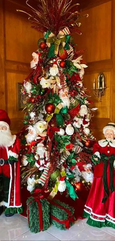 Vibrant Christmas tree with red and green decorations, surrounded by Santa figures.