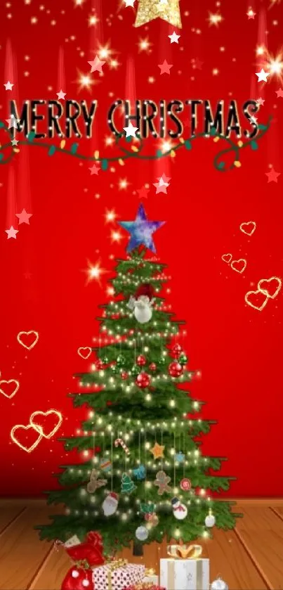 Christmas tree with gifts on a red background.