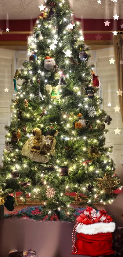 Beautiful Christmas tree with lights and gifts beneath in a cozy room.