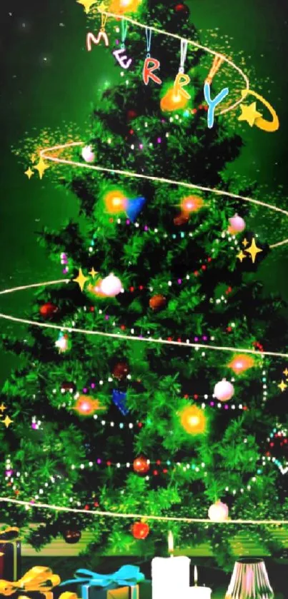 Festive Christmas tree with glowing lights, ornaments, and gifts.