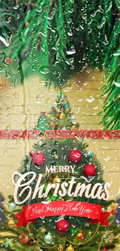 Festive mobile wallpaper with Christmas tree and holiday greetings.