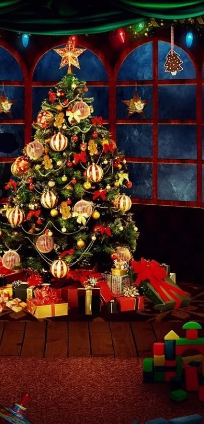 Christmas tree with ornaments and gifts under a starry window background.