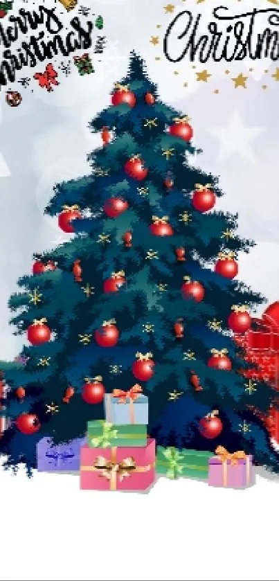 Christmas tree with colorful gifts and festive background.