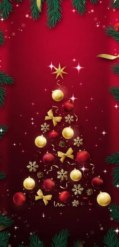 Christmas tree wallpaper with red and gold ornaments.